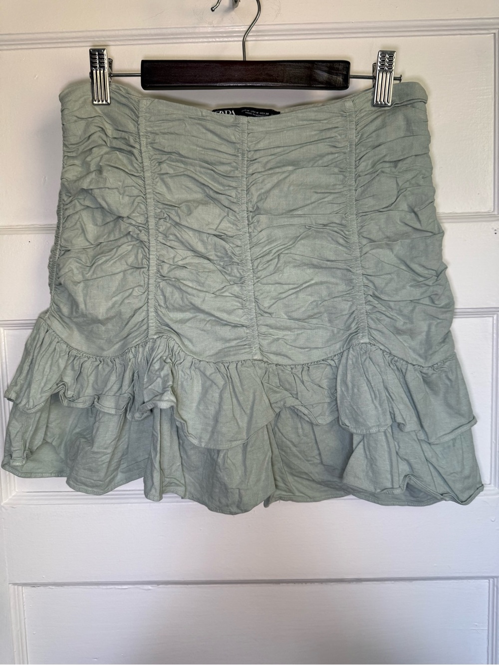 Zara Sage Green Gathered Mini Skirt Ruched & Ruffled Hem Linen Blend Soft Girl M